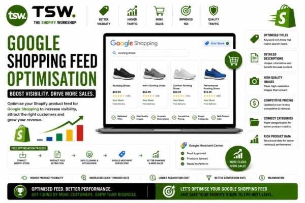 Google Shopping feed optimisation for Shopify showing product feed management, Google Merchant Center integration, product visibility improvements and ecommerce sales growth