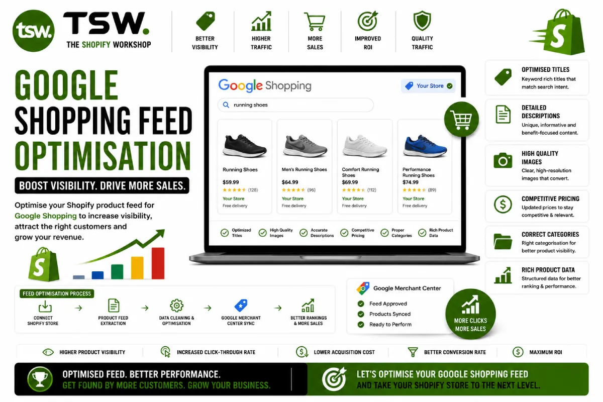 Google Shopping feed optimisation for Shopify showing product feed management, Google Merchant Center integration, product visibility improvements and ecommerce sales growth
