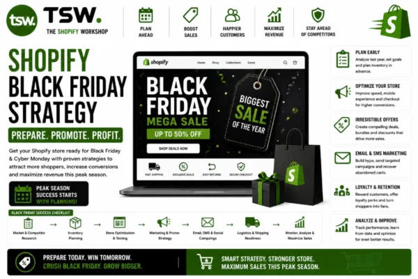 Shopify Black Friday strategy guide showing peak season preparation, Black Friday marketing campaigns, conversion optimization, inventory planning and ecommerce sales growth