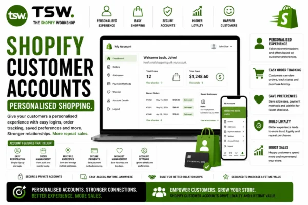 Shopify customer accounts guide showing personalised shopping experiences, order tracking, saved preferences, account dashboards and customer retention features