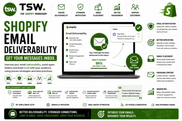 Shopify email deliverability guide showing inbox placement optimization, SPF DKIM DMARC authentication, email reputation management and ecommerce email marketing performance
