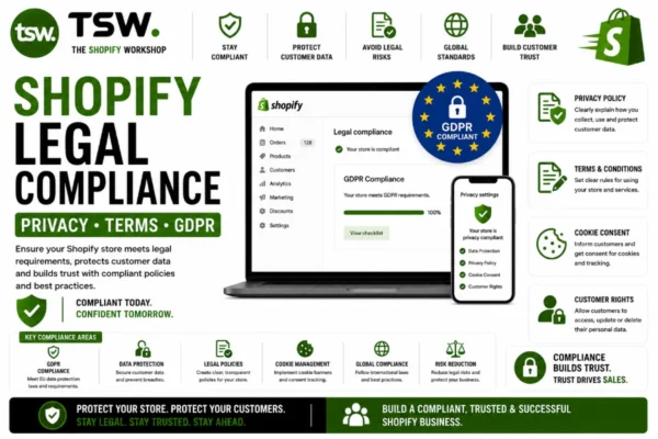 Shopify legal compliance guide covering GDPR compliance, privacy policies, terms and conditions, cookie consent management and customer data protection for ecommerce stores