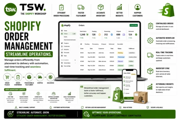 Shopify order management system showing automated order processing, fulfillment tracking, inventory synchronization, real time order updates and streamlined ecommerce operations