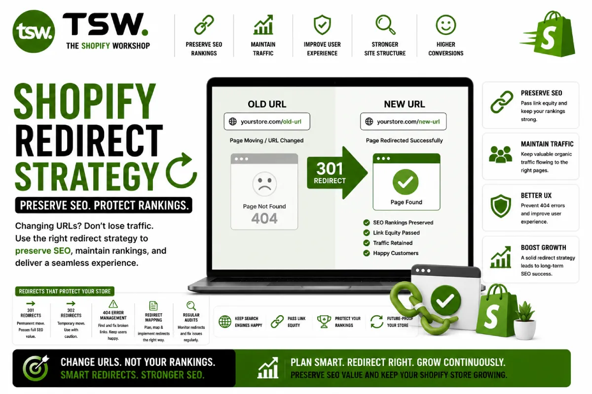 Shopify redirect strategy guide showing 301 redirects, URL migration, SEO preservation, traffic retention and search ranking protection when changing URLs