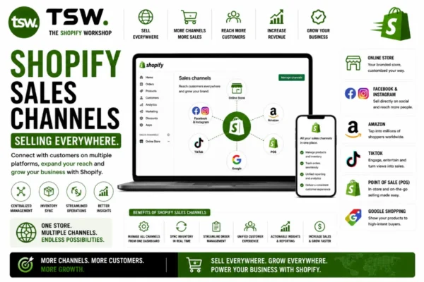 Shopify sales channels guide showing multichannel selling across online stores, Facebook, Instagram, Amazon, TikTok, Google Shopping and point of sale systems