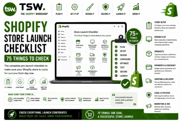 Shopify store launch checklist featuring 75 essential pre launch checks including store setup, payments, shipping, SEO, analytics, security and conversion optimization