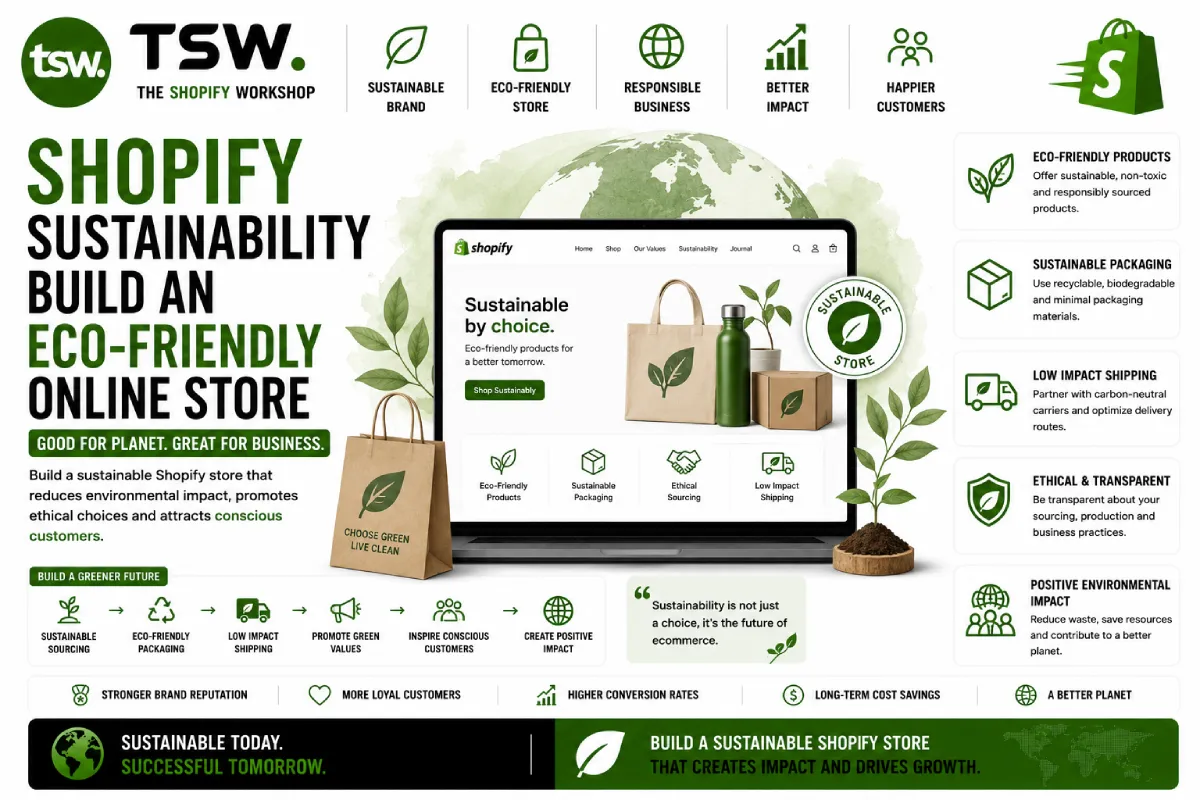 Shopify sustainability guide showing eco friendly online store practices, sustainable packaging, ethical sourcing, green ecommerce strategies and environmentally responsible business growth