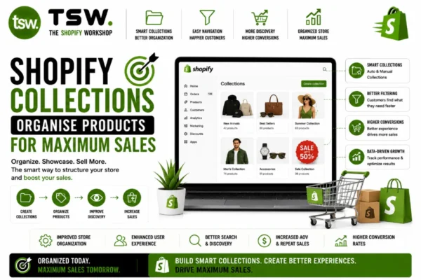 Shopify collections guide showing smart product organization, collection management, product categorization and sales optimization strategies for ecommerce stores