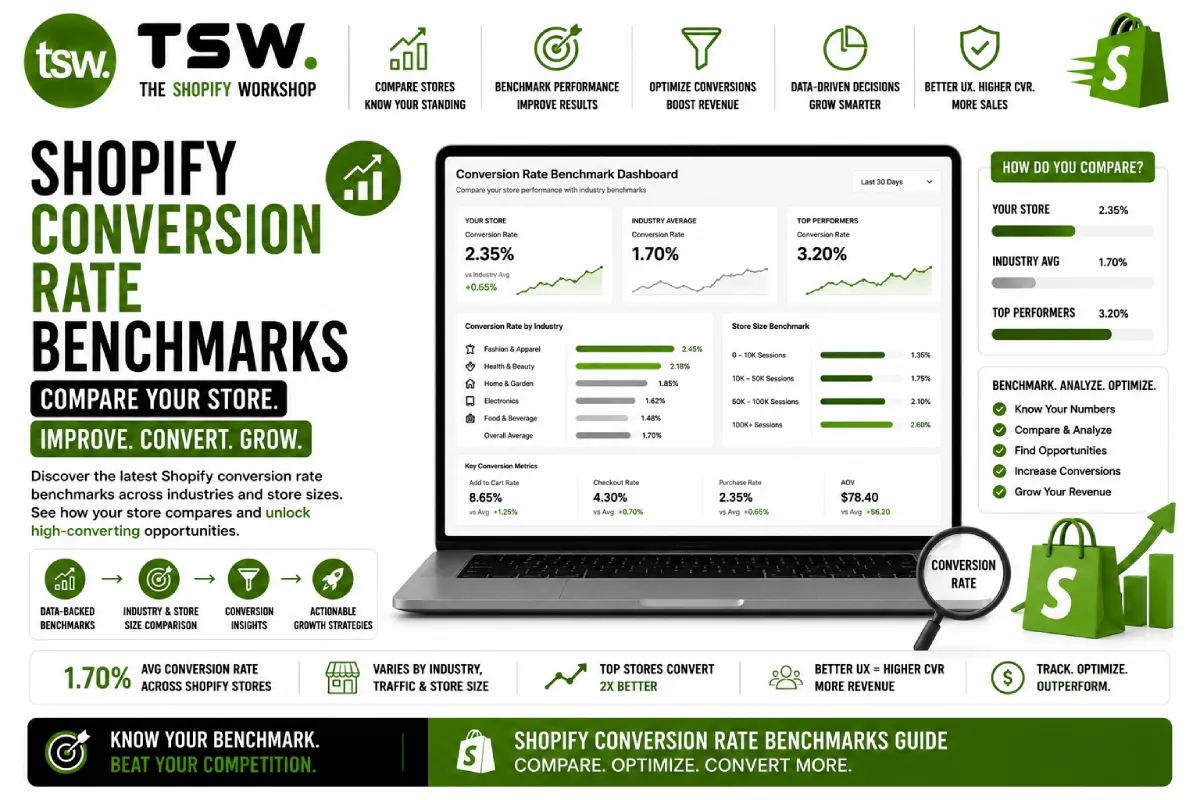 Shopify conversion rate benchmarks guide showing store performance comparison, ecommerce conversion metrics, CRO analysis and revenue growth opportunities