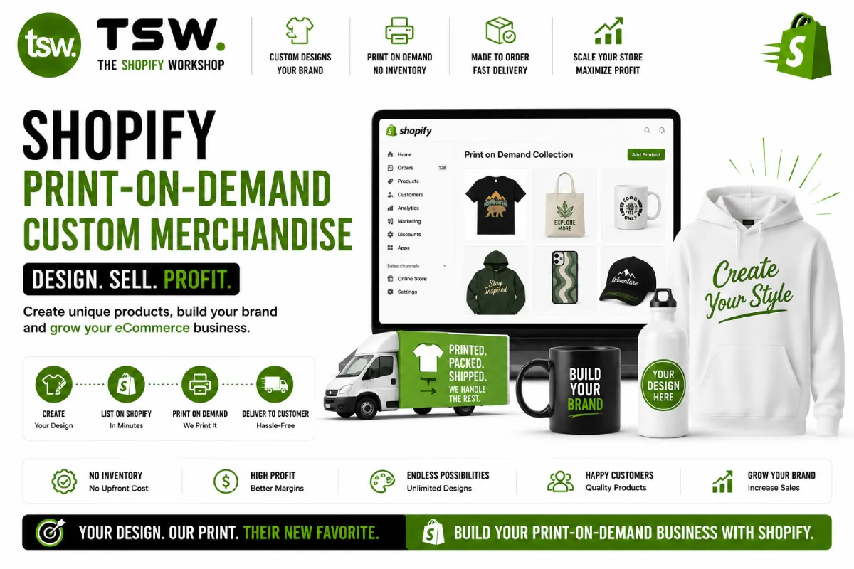 Shopify print on demand custom merchandise guide showing branded products, POD business model, custom apparel and ecommerce growth strategies
