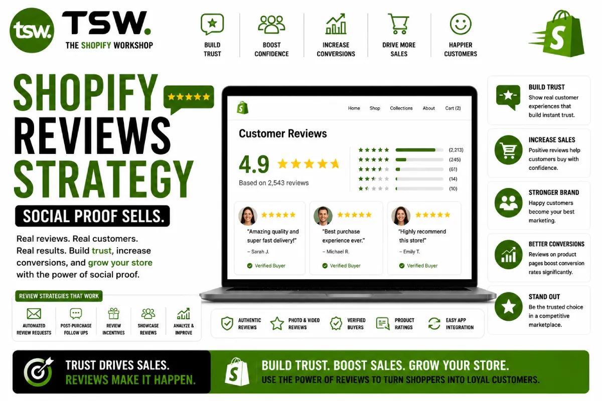 Shopify reviews strategy guide showing customer reviews, social proof marketing, product ratings, trust building and ecommerce conversion optimization