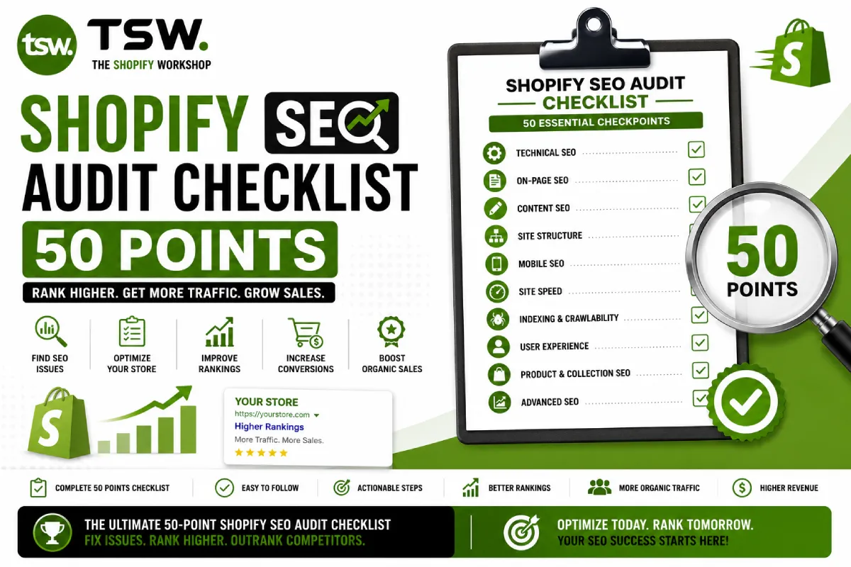 Shopify SEO audit checklist with 50 essential checkpoints covering technical SEO, on-page optimization, site speed, indexing, mobile SEO and organic traffic growth