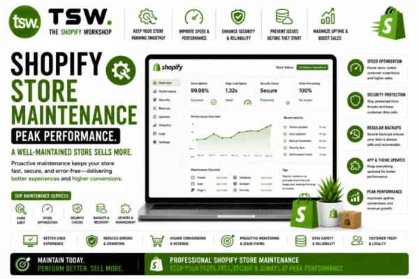 Shopify store maintenance guide showing performance optimization, security monitoring, regular updates, backups and ecommerce store management for peak performance