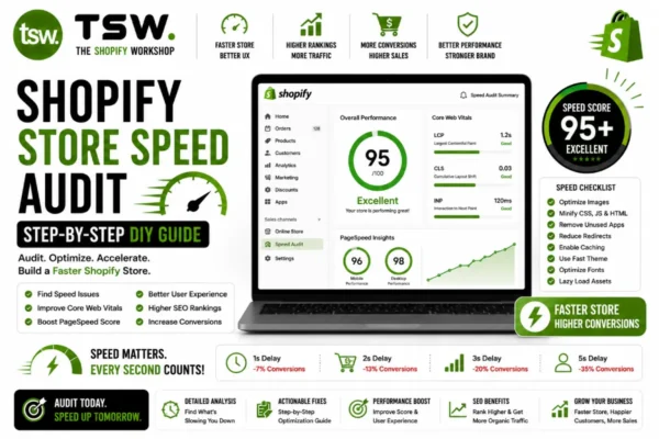 Shopify store speed audit guide showing PageSpeed Insights analysis, Core Web Vitals optimization, performance score improvements and faster ecommerce website loading