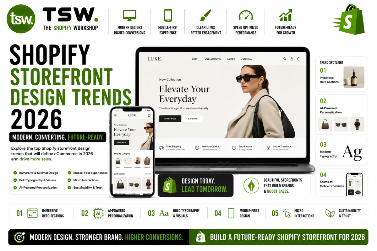 Shopify storefront design trends 2026 guide featuring modern ecommerce design, mobile first experiences, AI personalization and high converting Shopify stores