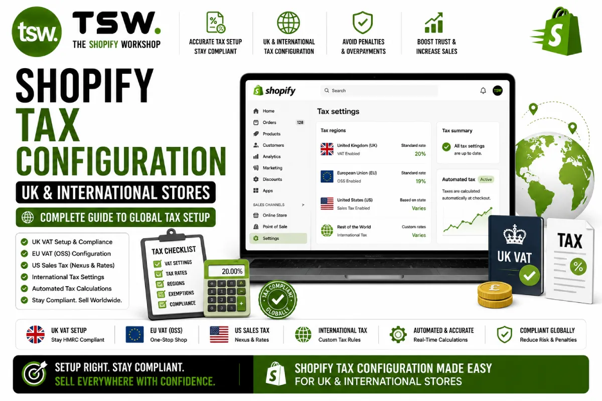 Shopify tax configuration services helping ecommerce businesses set up VAT, international taxes and compliant global selling systems