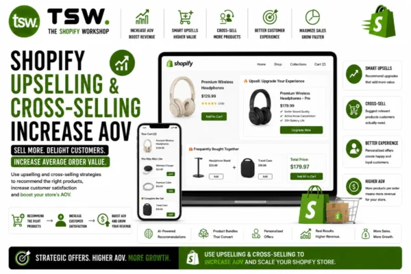 Shopify upselling and cross selling guide showing product recommendations, average order value optimization, customer personalization and ecommerce revenue growth