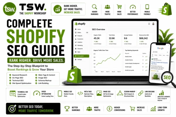 Complete Shopify SEO guide showing keyword research, technical SEO, site speed optimization, schema markup and search ranking improvements