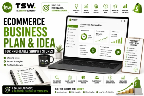 Ecommerce business plan and profitable Shopify store strategy showing market research, revenue projections, growth planning and business development