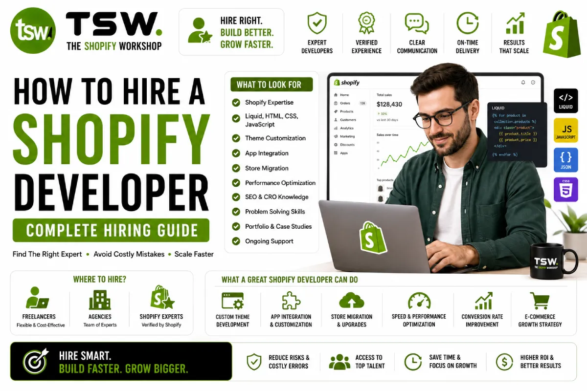 How to hire a Shopify developer guide showing Shopify expertise, theme customization, app integration, performance optimization and ecommerce growth services