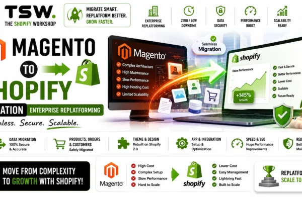 Magento to Shopify migration enterprise replatforming guide showing data migration, store redesign, performance optimization and scalable ecommerce growth