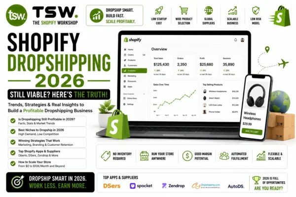 Shopify dropshipping 2026 guide showing profitable dropshipping strategies, supplier management, product sourcing and ecommerce business growth