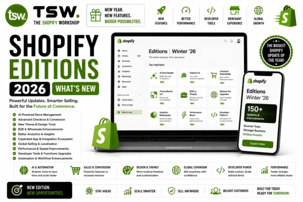 Shopify Editions 2026 new features dashboard showcasing AI tools, checkout updates, analytics improvements, developer enhancements and ecommerce innovation