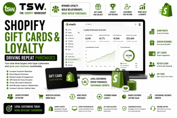 Shopify gift cards and loyalty program dashboard showing customer retention, repeat purchases, reward points and ecommerce growth strategies