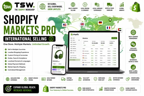 Shopify Markets Pro international selling dashboard showing global ecommerce expansion, multi-country selling, localized pricing, duties and taxes automation