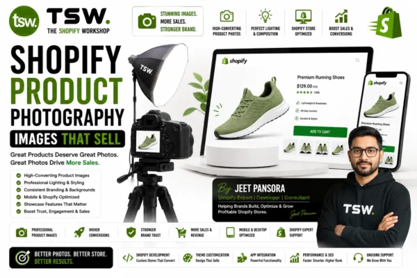 Shopify product photography guide showing high converting product images, professional ecommerce photography, lighting setup and product presentation techniques