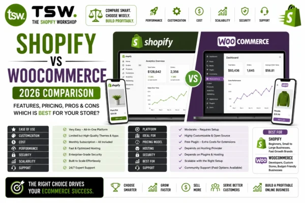 Shopify vs WooCommerce 2026 comparison showing features, pricing, scalability, performance, security and ecommerce platform differences