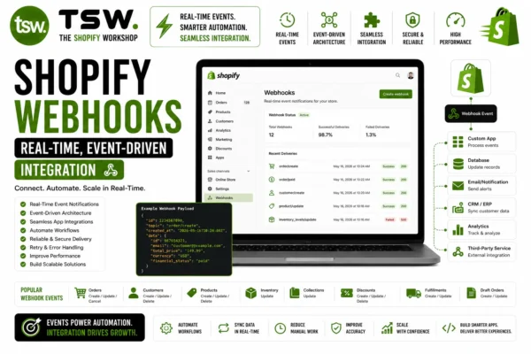 Shopify webhooks real-time event-driven integration guide showing automated workflows, API communication, webhook events and Shopify app integrations