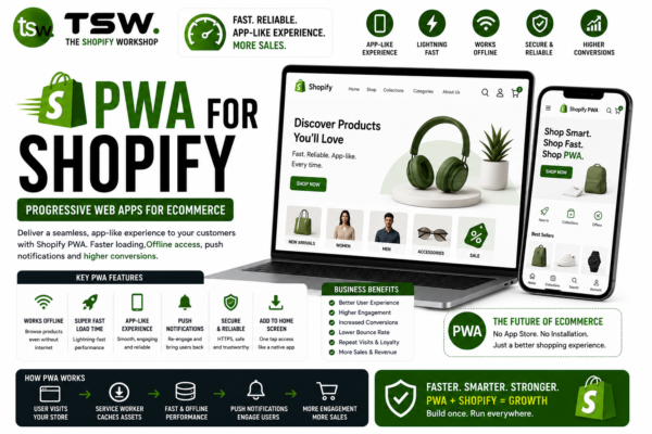 Shopify PWA progressive web app solution providing app-like experiences, faster loading speeds, offline access and improved ecommerce conversions