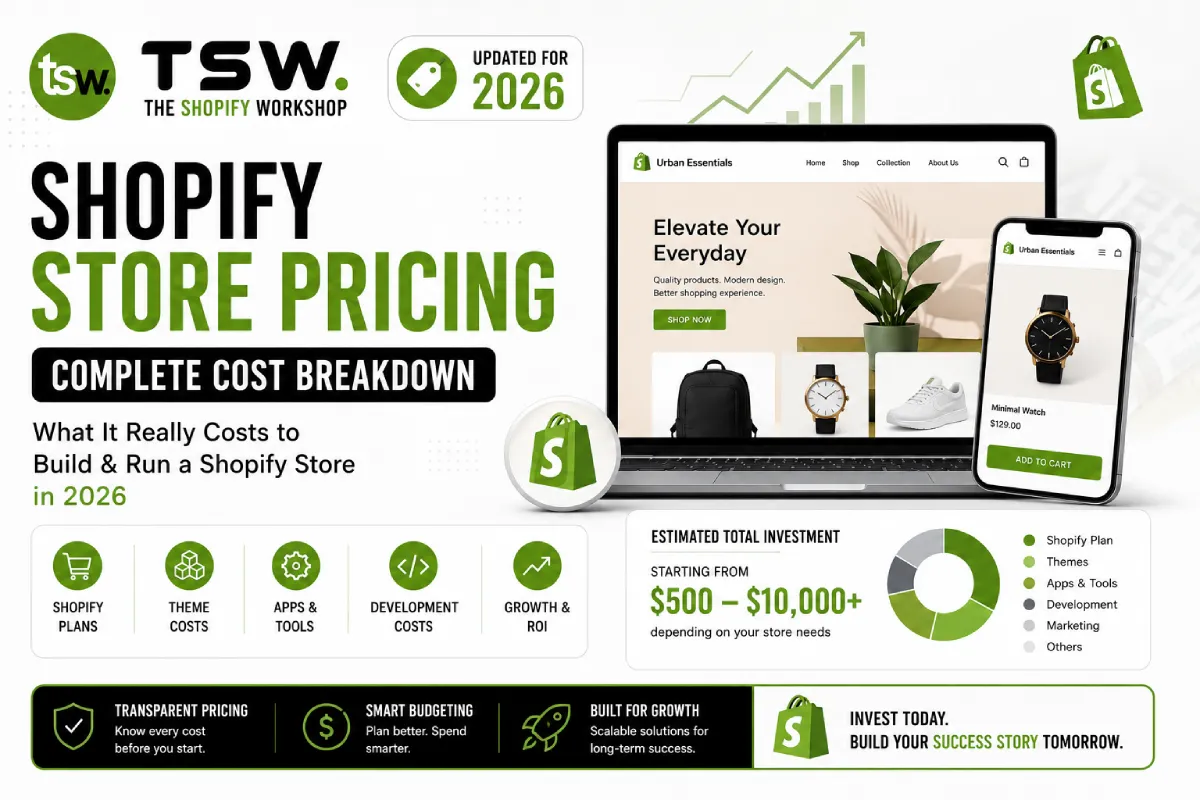 Custom Shopify store cost 2026 guide showing Shopify pricing, development costs, themes, apps, tools and total ecommerce investment breakdown