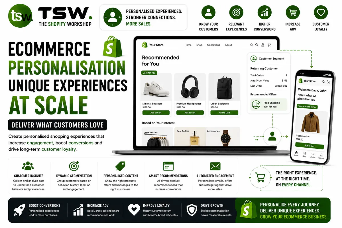 Ecommerce personalisation strategy showing personalized shopping experiences, customer segmentation, product recommendations and higher conversions
