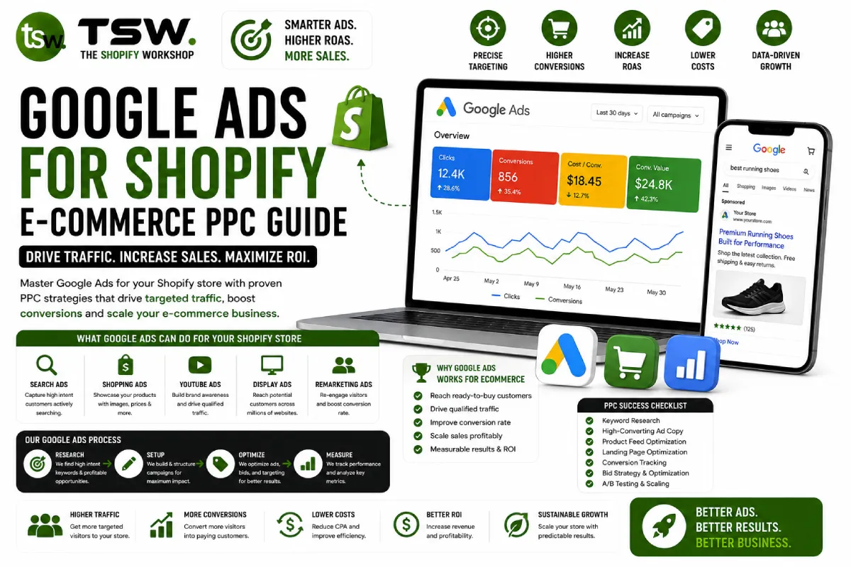 Google Ads for Shopify ecommerce PPC guide showing campaign optimization, Google Shopping Ads, conversions and ROI growth