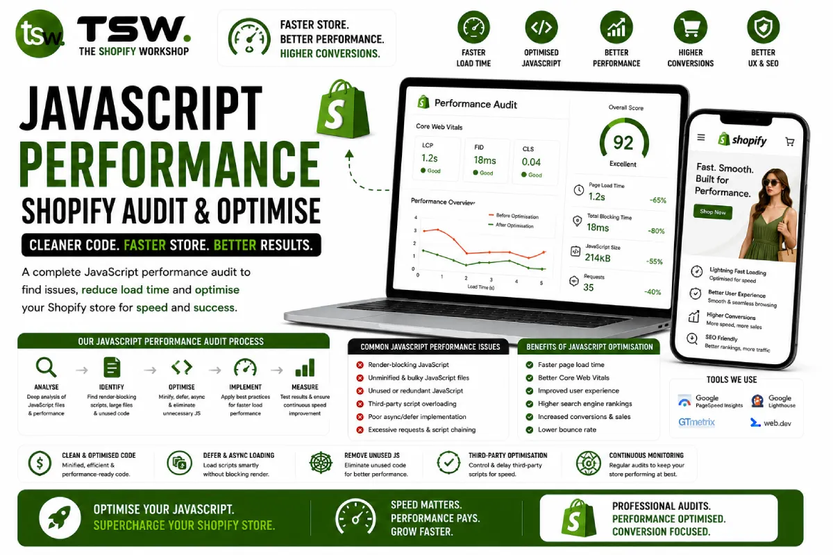 JavaScript performance audit for Shopify stores showing speed optimization, code improvements, Core Web Vitals enhancements and conversion growth