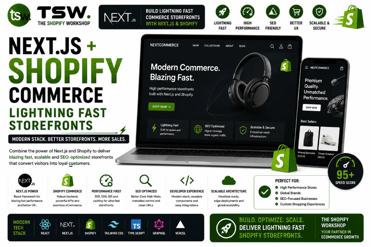 Next.js Commerce Shopify storefront showing lightning fast ecommerce performance, headless architecture, SEO optimization and scalable storefront development