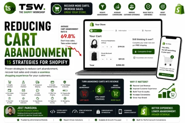 Reducing cart abandonment in Shopify with 15 proven strategies including checkout optimization, cart recovery and conversion rate improvements