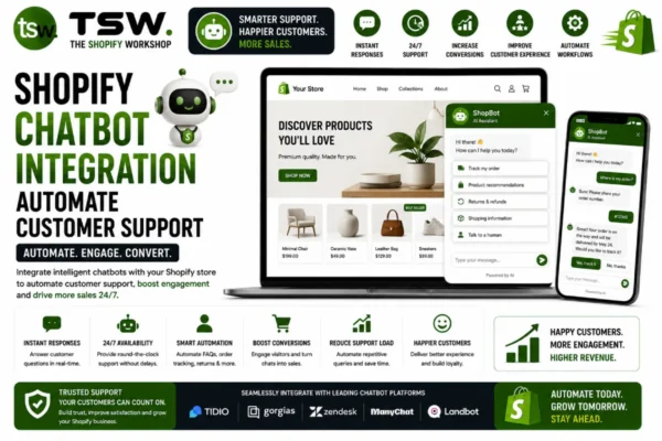 Shopify chatbot integration solution showing AI-powered customer support automation, instant responses, 24/7 assistance and improved ecommerce conversions