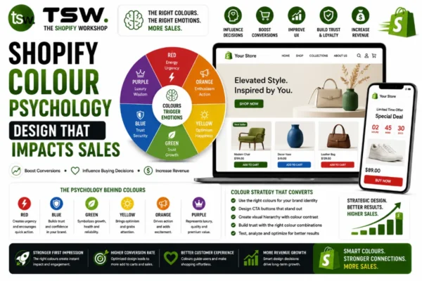Shopify colour psychology guide showing how colour choices influence customer emotions, buying decisions, conversions and ecommerce sales