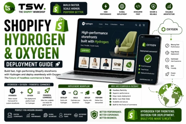 Shopify Hydrogen and Oxygen deployment guide showing headless commerce development, fast storefront performance and scalable ecommerce architecture