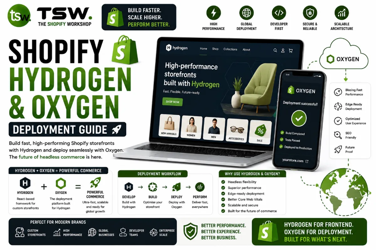 Shopify Hydrogen and Oxygen deployment guide showing headless commerce development, fast storefront performance and scalable ecommerce architecture