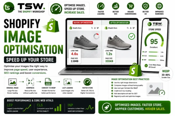 Shopify image optimisation guide showing image compression, WebP conversion, Core Web Vitals improvements and faster store performance