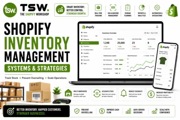 Shopify inventory management systems and strategies dashboard showing stock tracking, SKU management, warehouse operations and inventory optimization