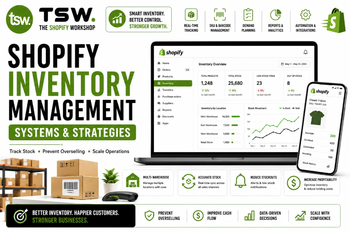 Shopify inventory management systems and strategies dashboard showing stock tracking, SKU management, warehouse operations and inventory optimization
