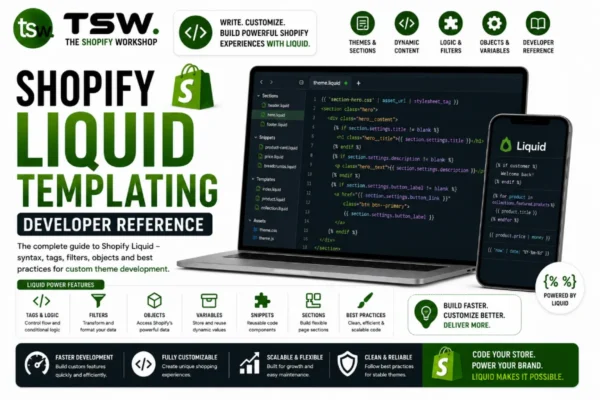 Shopify Liquid templating developer reference showing Liquid syntax, theme customization, dynamic content and Shopify theme development