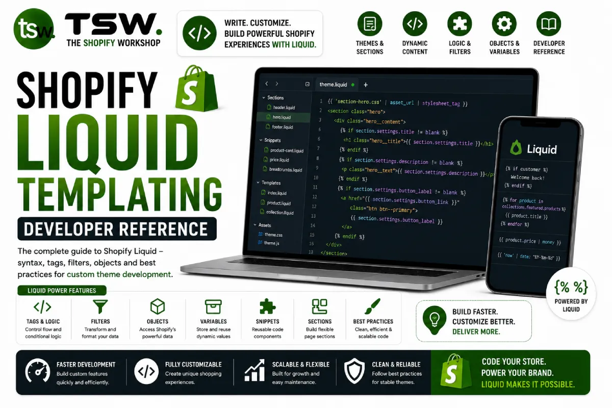 Shopify Liquid templating developer reference showing Liquid syntax, theme customization, dynamic content and Shopify theme development