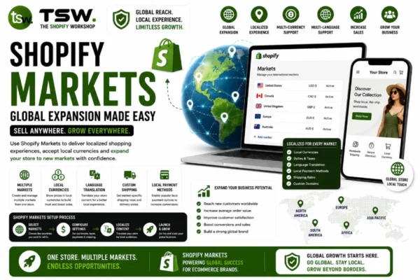 Shopify Markets global expansion guide showing international selling, multi-currency support, localized shopping experiences and global ecommerce growth