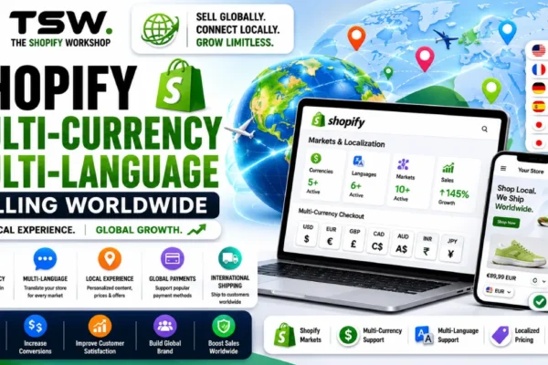Shopify multi-currency and multi-language selling worldwide with localized shopping experiences, international payments and global ecommerce growth